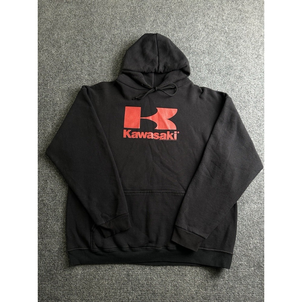 Mens 90s Kawasaki Logo Pullover Hoodie Black Heavyweight, Size XL